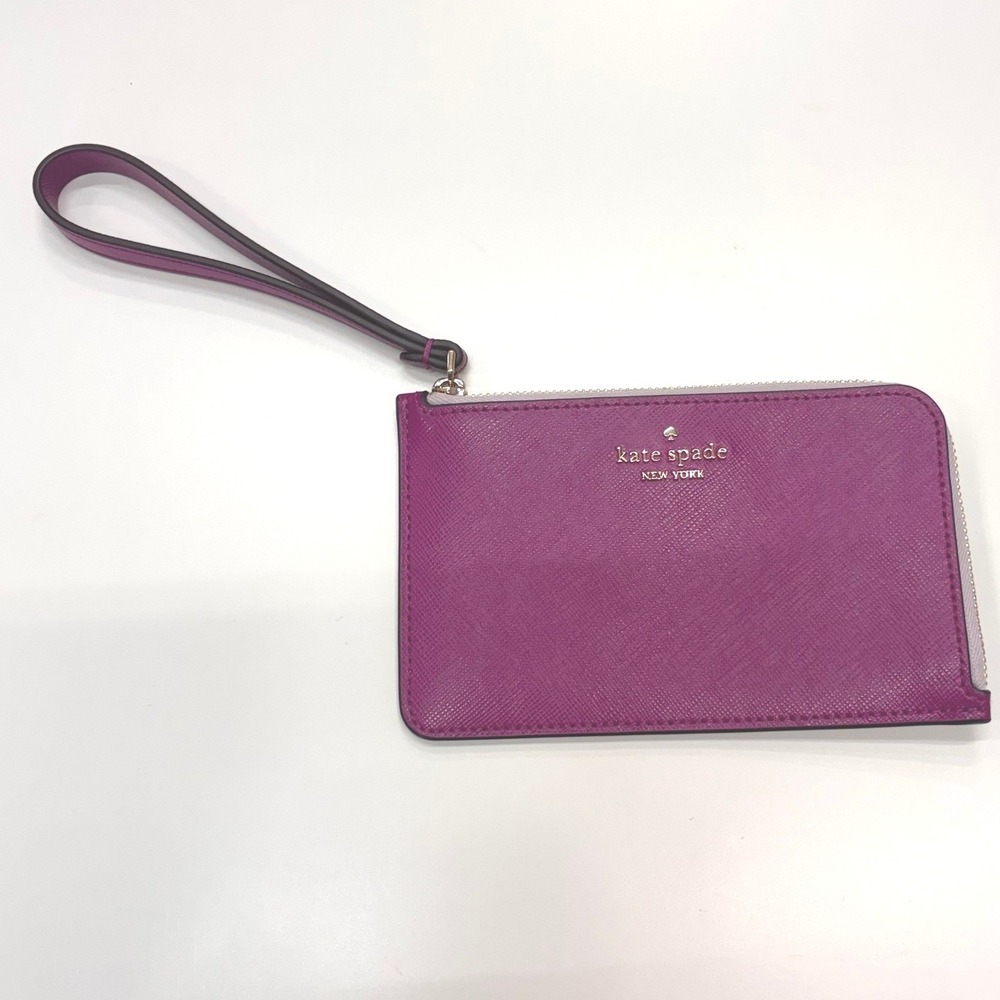 Kate Spade New York Magenta Saffiano Leather L-Zip Wristlet Pouch Purple Gold